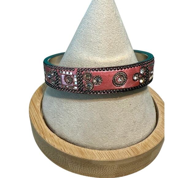 Pink Silver Tone Crystal Cuff Bracelet 7.5” Mirrored Beads Boho Glam - Picture 1 of 7